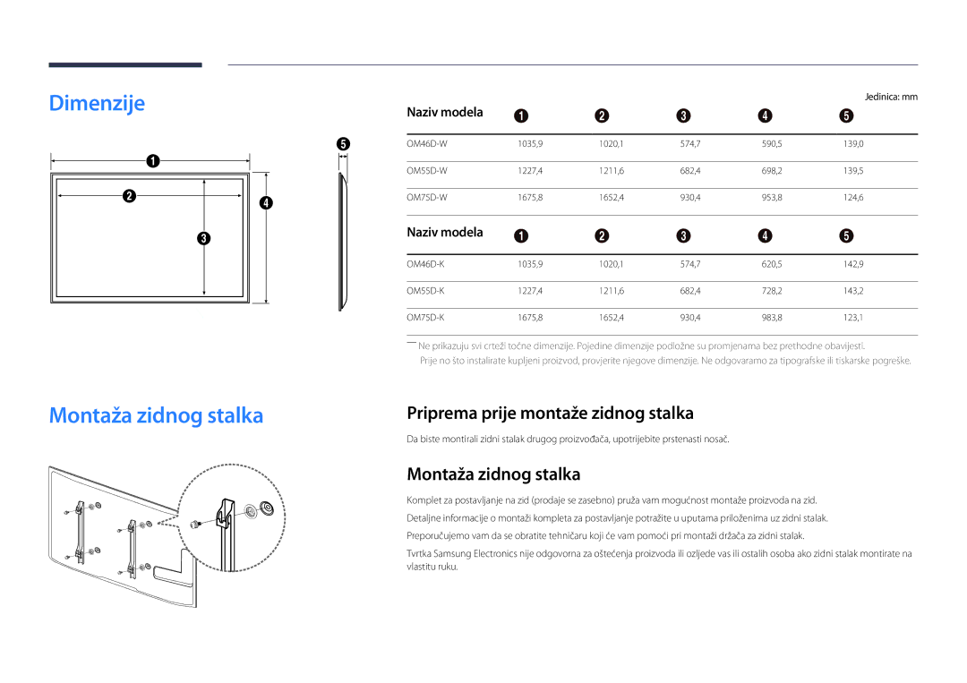 Samsung LH46OMDPWBC/EN manual Dimenzije, Montaža zidnog stalka, Priprema prije montaže zidnog stalka, Naziv modela 