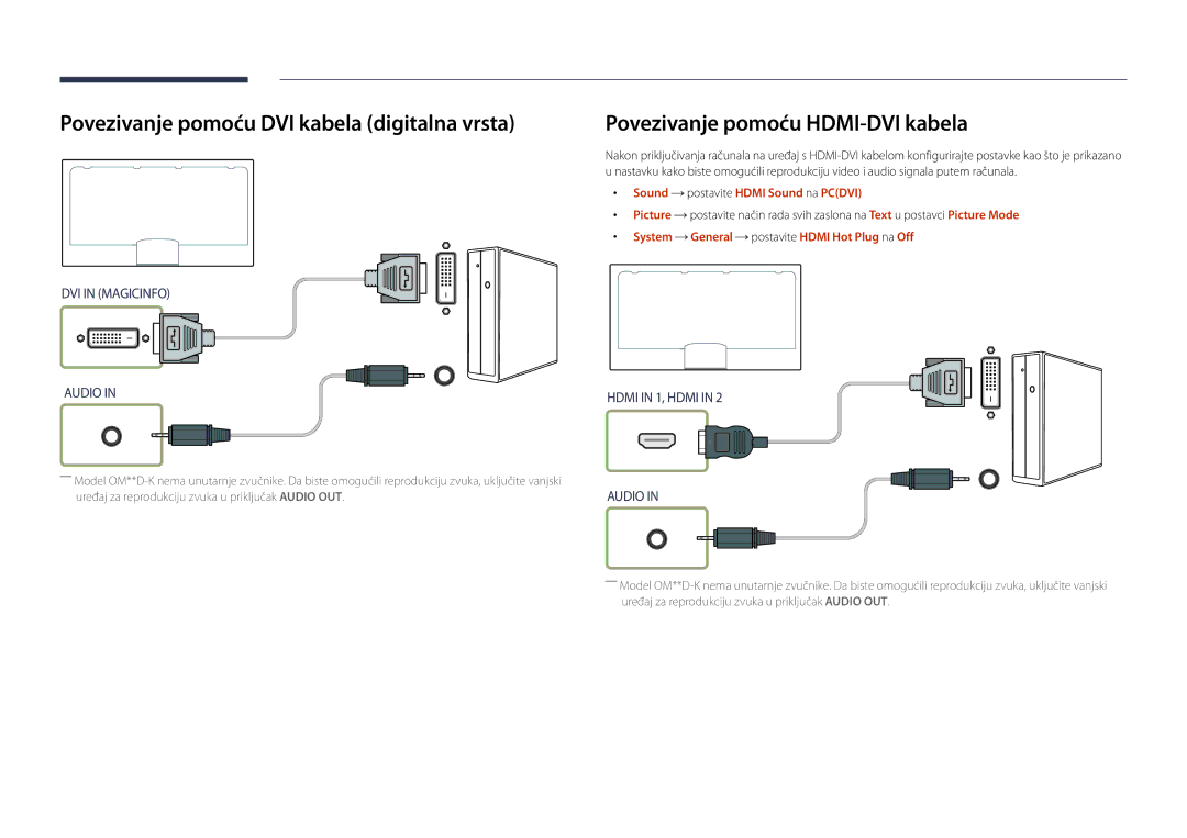 Samsung LH55OMDPKBC/EN, LH46OMDPWBC/EN Povezivanje pomoću DVI kabela digitalna vrsta, Povezivanje pomoću HDMI-DVI kabela 