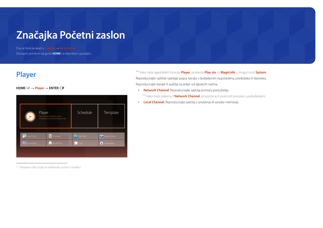 Samsung LH55OMDPWBC/EN, LH46OMDPWBC/EN manual Značajka Početni zaslon, Schedule Template, Home → Player → Enter E 