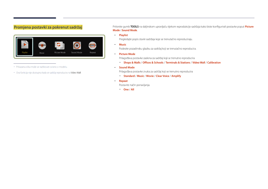 Samsung LH75OMDPWBC/EN, LH46OMDPWBC/EN manual Promjena postavki za pokrenut sadržaj, Playlist, Music, Picture Mode, Repeat 