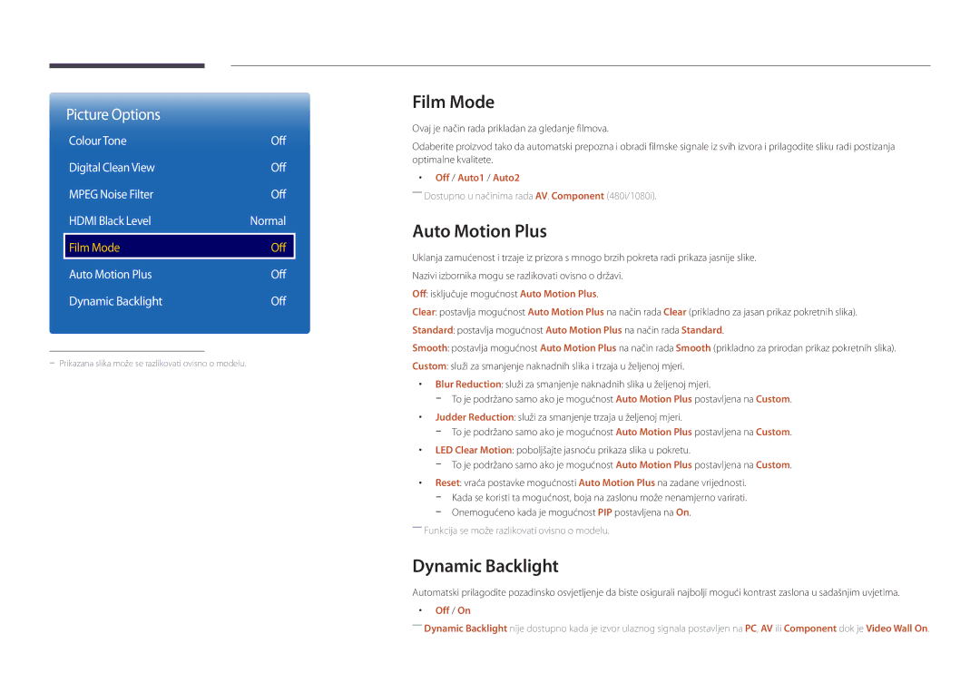 Samsung LH75OMDPWBC/EN, LH46OMDPWBC/EN manual Film Mode, Auto Motion Plus Off Dynamic Backlight, Off / Auto1 / Auto2 