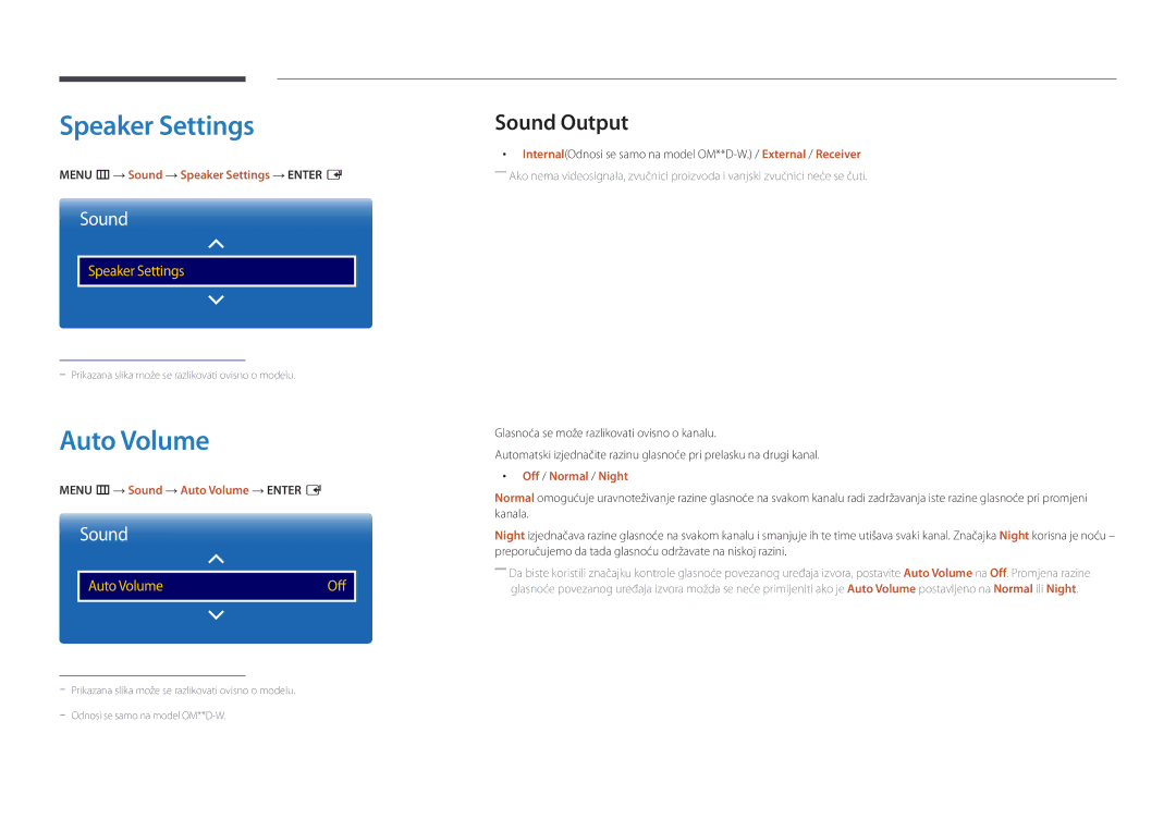 Samsung LH55OMDPWBC/EN, LH46OMDPWBC/EN, LH75OMDPWBC/EN, LH55OMDPKBC/EN manual Speaker Settings, Auto Volume, Sound Output 