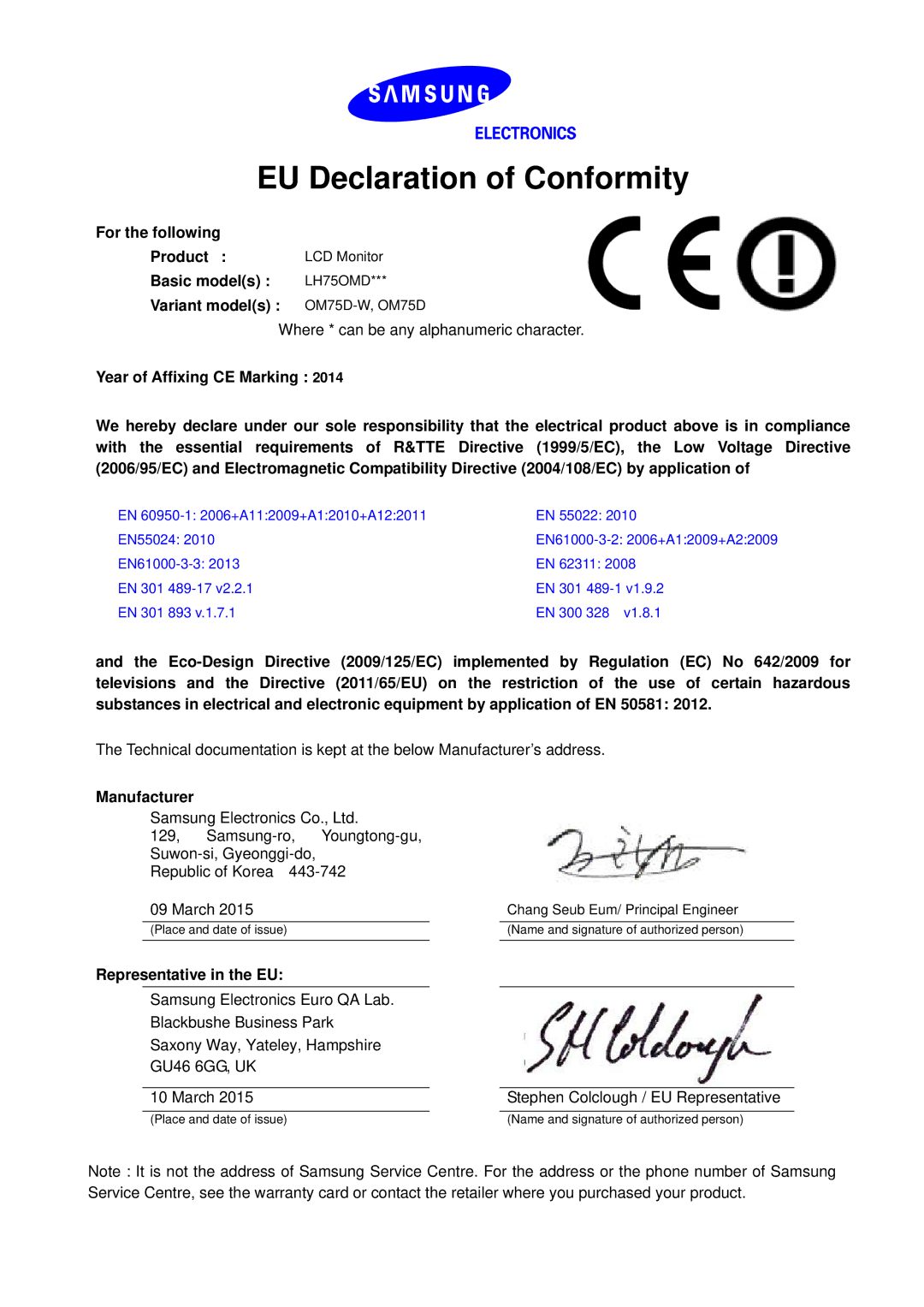 Samsung LH75OMDPWBC/EN, LH46OMDPWBC/EN, LH75OMDPKBC/EN, LH55OMDPWBC/EN, LH46OMDPKBC/EN manual EU Declaration of Conformity 