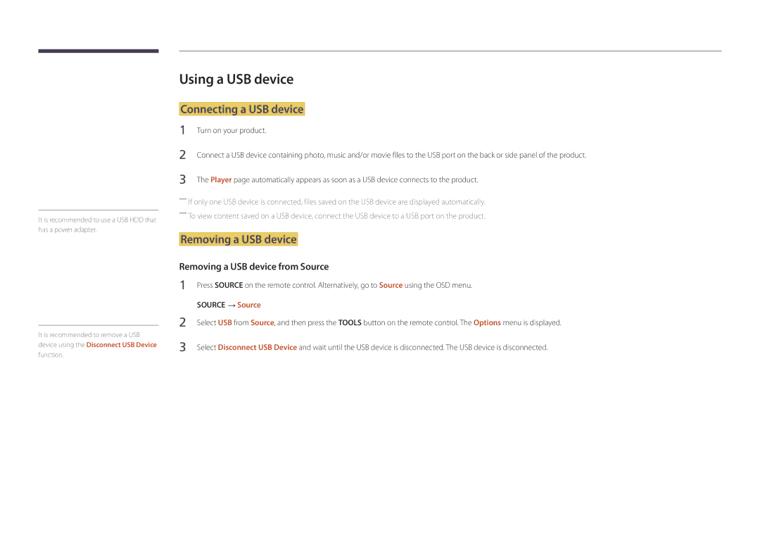 Samsung LH46OMDPWBC/EN manual Using a USB device, Connecting a USB device, Removing a USB device, Turn on your product 