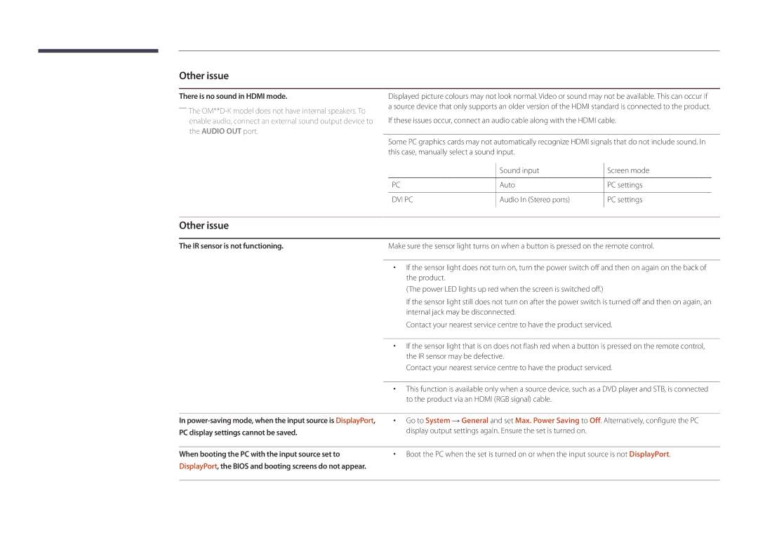 Samsung LH75OMDPKBC/EN There is no sound in Hdmi mode, IR sensor is not functioning, PC display settings cannot be saved 