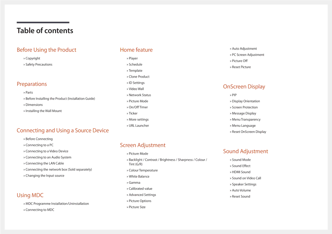 Samsung LH75OMDPKBC/EN, LH46OMDPWBC/EN, LH75OMDPWBC/EN, LH55OMDPWBC/EN, LH46OMDPKBC/EN, LH55OMDPKBC/EN manual Table of contents 