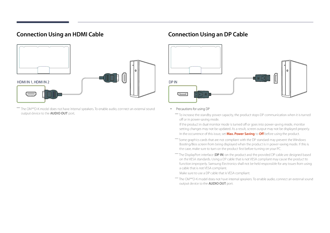 Samsung LH75OMDPWBC/XY, LH46OMDPWBC/EN, LH75OMDPWBC/EN manual Connection Using an Hdmi Cable, Precautions for using DP 