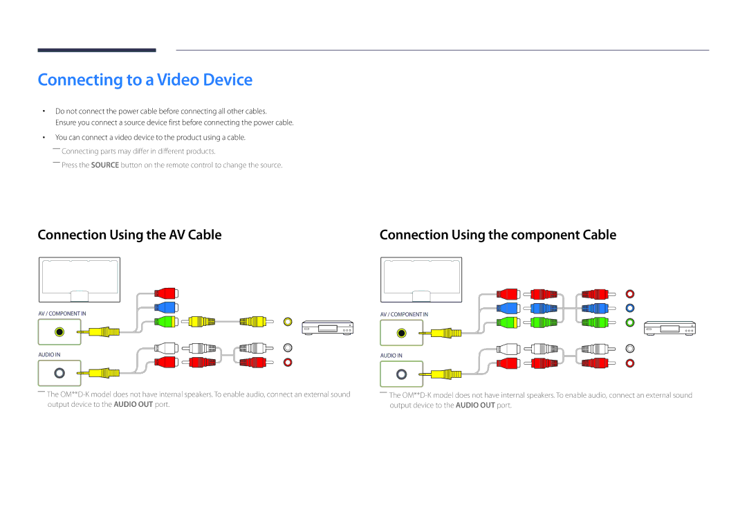 Samsung LH55OMDPKBC/XV, LH46OMDPWBC/EN, LH75OMDPWBC/EN manual Connecting to a Video Device, Connection Using the AV Cable 