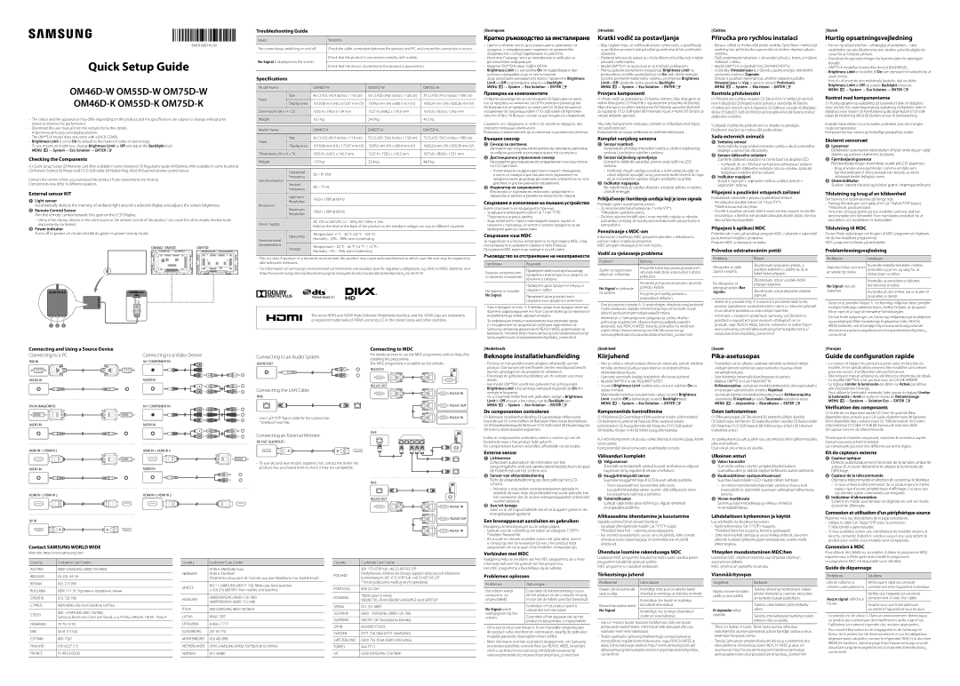 Samsung LH75OMDPWBC/EN manual Checking the Components, External sensor KIT, Troubleshooting Guide, Specifications 