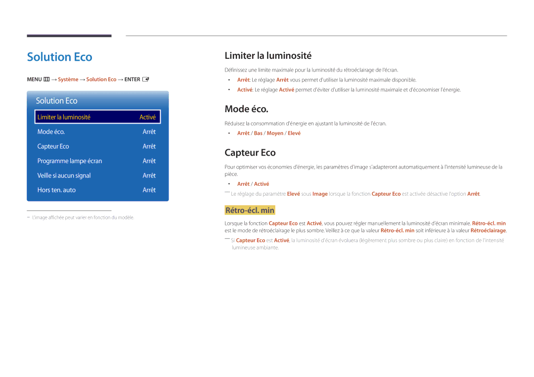 Samsung LH75OMDPWBC/EN, LH46OMDPWBC/EN, LH75OMDPKBC/EN manual Solution Eco, Limiter la luminosité, Mode éco, Capteur Eco 