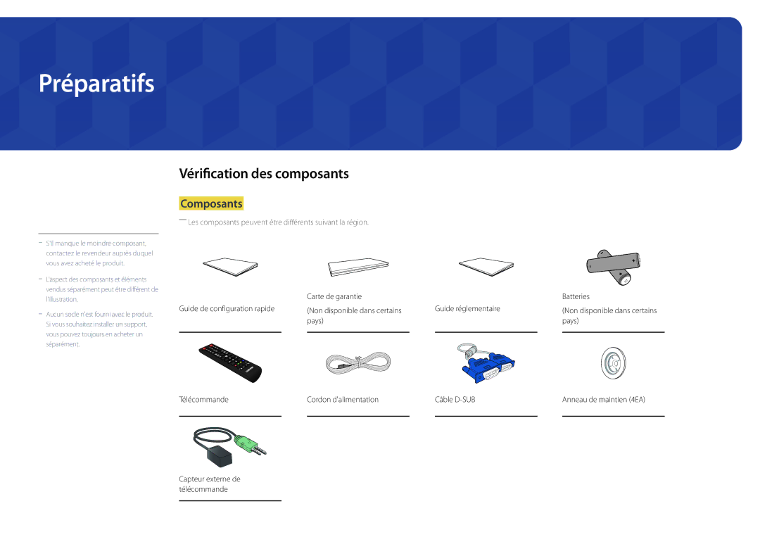 Samsung LH46OMDPWBC/EN, LH75OMDPWBC/EN, LH75OMDPKBC/EN, LH55OMDPWBC/EN Préparatifs, Vérification des composants, Composants 