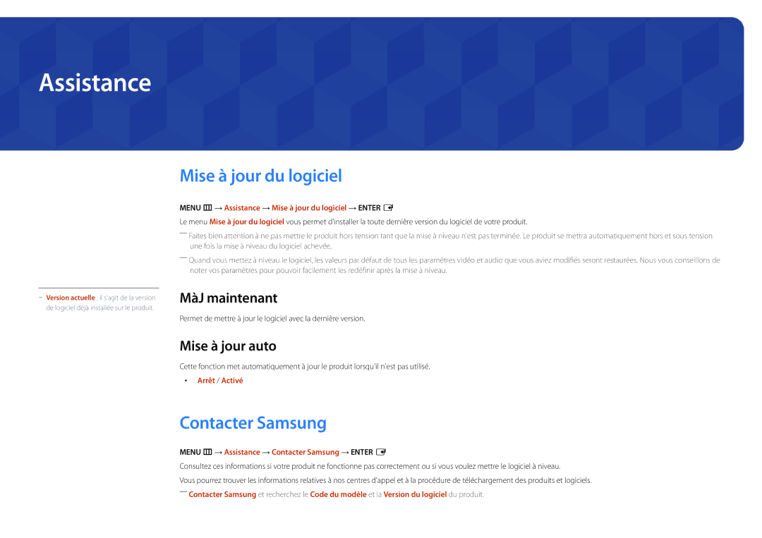 Samsung LH55OMDPWBC/EN manual Assistance, Mise à jour du logiciel, Contacter Samsung, MàJ maintenant, Mise à jour auto 