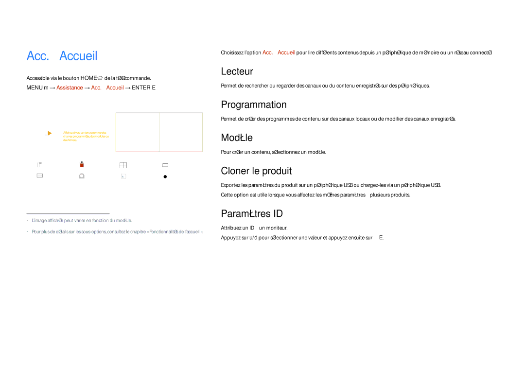 Samsung LH46OMDPKBC/EN, LH46OMDPWBC/EN, LH75OMDPWBC/EN, LH75OMDPKBC/EN, LH55OMDPWBC/EN, LH55OMDPKBC/EN manual Acc. à Accueil 