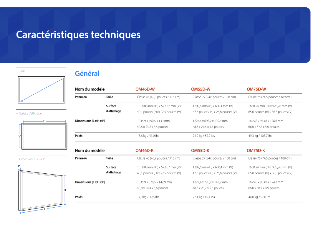 Samsung LH55OMDPKBC/EN, LH46OMDPWBC/EN manual Caractéristiques techniques, Panneau Taille, Surface, Daffichage, Poids 