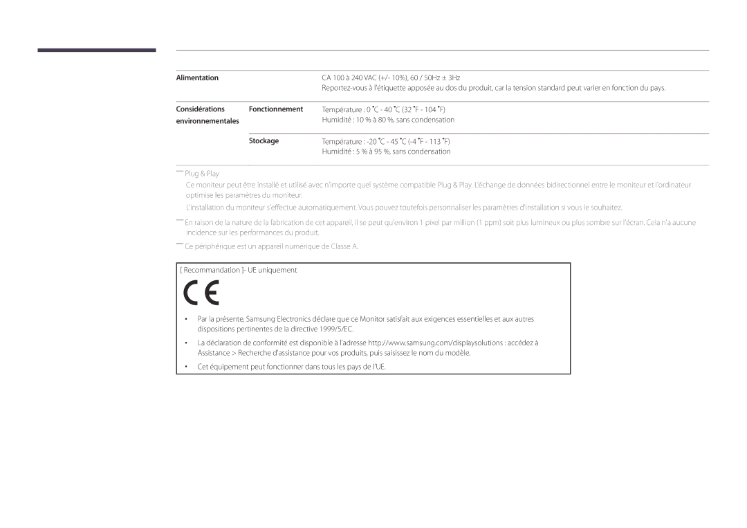 Samsung LH46OMDPWBC/EN, LH75OMDPWBC/EN manual Alimentation, Considérations Fonctionnement, Environnementales, Stockage 