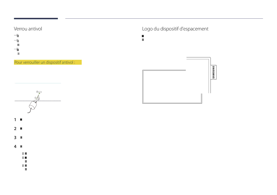 Samsung LH46OMDPWBC/EN manual Verrou antivol, Logo du dispositif despacement, Pour verrouiller un dispositif antivol 