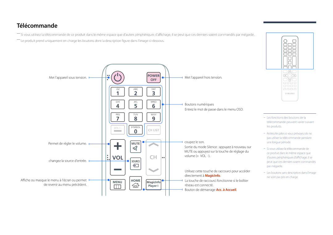 Samsung LH75OMDPWBC/EN, LH46OMDPWBC/EN, LH75OMDPKBC/EN, LH55OMDPWBC/EN, LH46OMDPKBC/EN, LH55OMDPKBC/EN manual Télécommande, Vol 