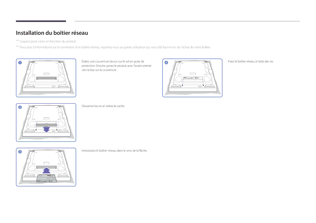 Samsung LH55OMDPWBC/EN, LH46OMDPWBC/EN, LH75OMDPWBC/EN, LH75OMDPKBC/EN, LH46OMDPKBC/EN manual Installation du boîtier réseau 