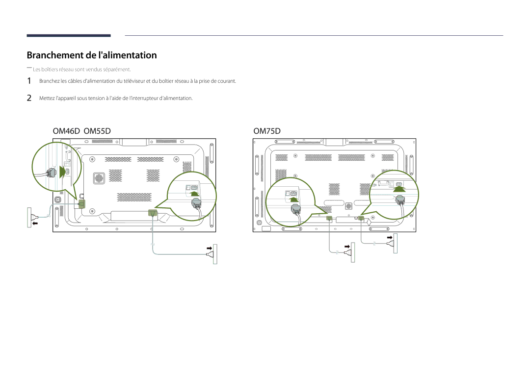 Samsung LH46OMDPKBC/EN, LH46OMDPWBC/EN manual Branchement de lalimentation, ――Les boîtiers réseau sont vendus séparément 