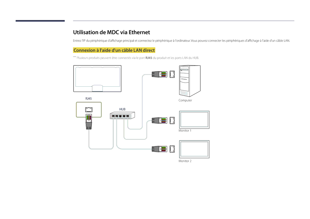 Samsung LH46OMDPKBC/EN, LH46OMDPWBC/EN manual Utilisation de MDC via Ethernet, Connexion à laide dun câble LAN direct 