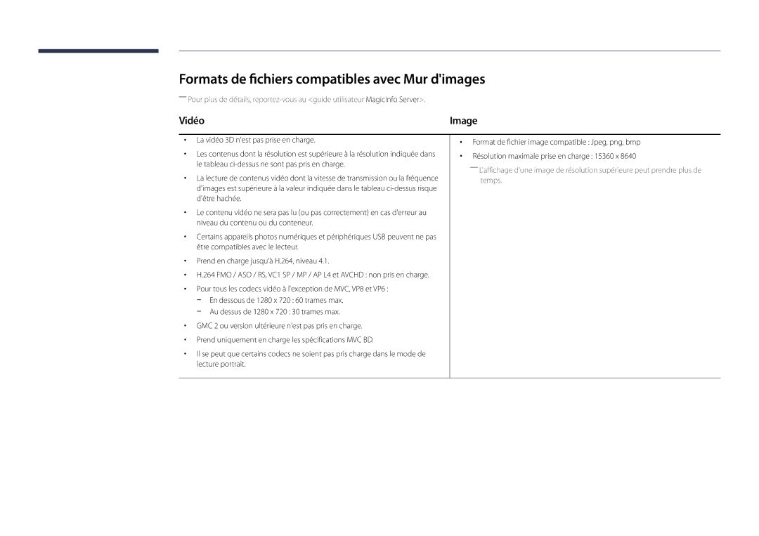 Samsung LH75OMDPWBC/EN, LH46OMDPWBC/EN, LH75OMDPKBC/EN manual Formats de fichiers compatibles avec Mur dimages, Vidéo 