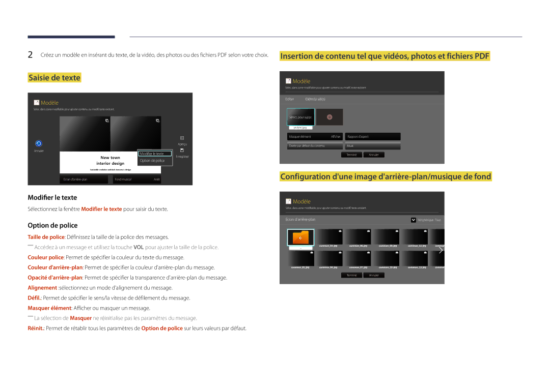 Samsung LH46OMDPWBC/EN manual Saisie de texte, Configuration dune image darrière-plan/musique de fond, Modifier le texte 