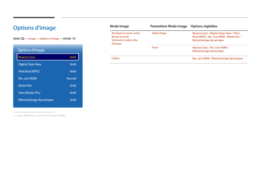 Samsung LH75OMDPWBC/EN, LH46OMDPWBC/EN manual Options dimage, Digital Clean View Arrêt Filtre Bruit Mpeg Niv. noir Hdmi 