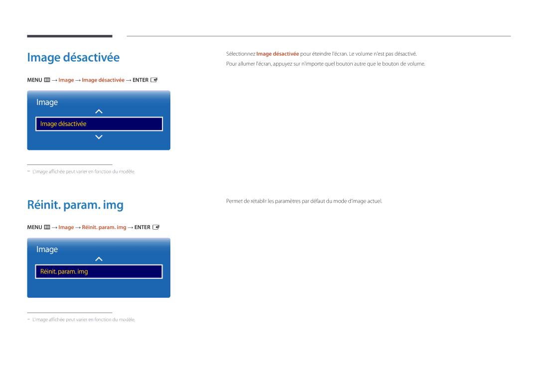 Samsung LH75OMDPKBC/EN, LH46OMDPWBC/EN, LH75OMDPWBC/EN Réinit. param. img, Menu m → Image → Image désactivée → Enter E 