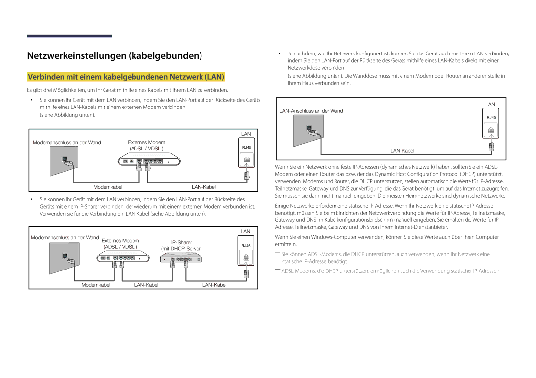 Samsung LH55OMDPKBC/EN manual Netzwerkeinstellungen kabelgebunden, Verbinden mit einem kabelgebundenen Netzwerk LAN 