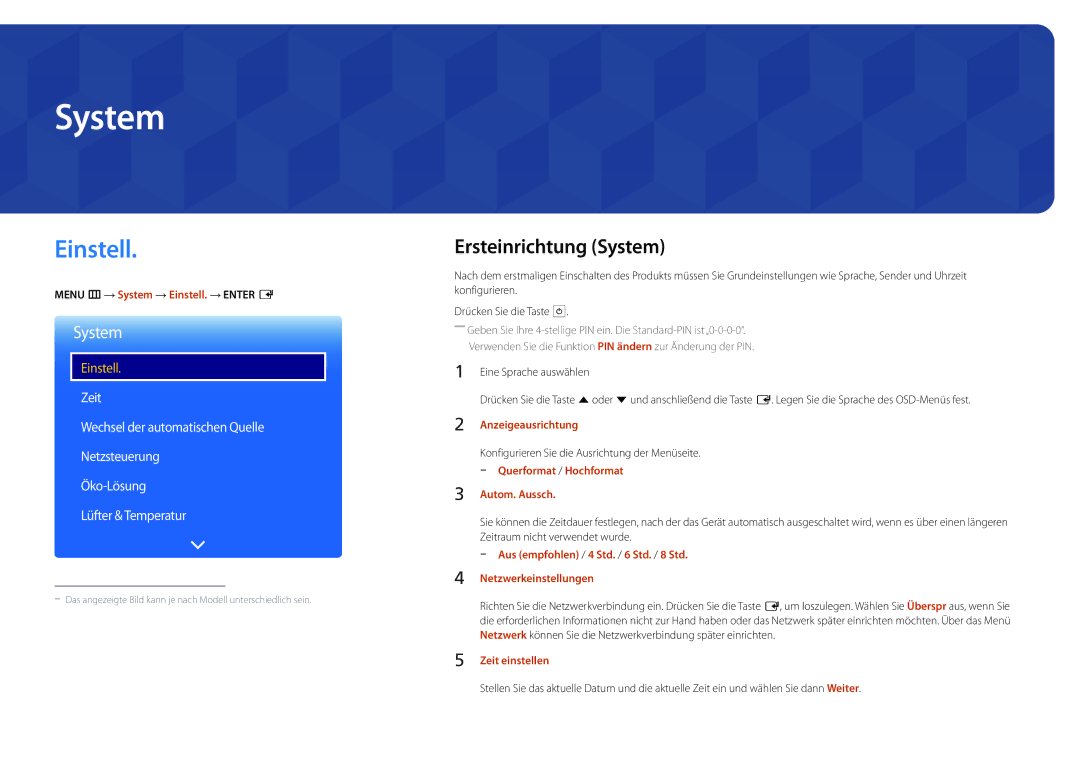 Samsung LH75OMDPWBC/EN, LH46OMDPWBC/EN, LH75OMDPKBC/EN, LH55OMDPWBC/EN, LH46OMDPKBC/EN Einstell, Ersteinrichtung System 