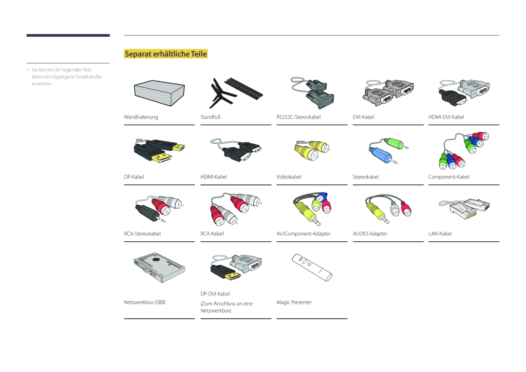 Samsung LH75OMDPWBC/EN, LH46OMDPWBC/EN, LH75OMDPKBC/EN, LH55OMDPWBC/EN, LH46OMDPKBC/EN manual Separat erhältliche Teile 