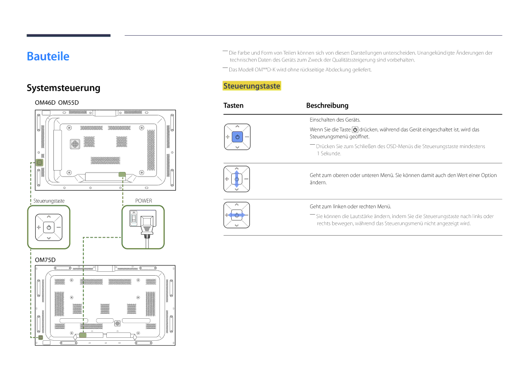 Samsung LH75OMDPKBC/EN, LH46OMDPWBC/EN, LH75OMDPWBC/EN manual Bauteile, Systemsteuerung, Steuerungstaste, TastenBeschreibung 