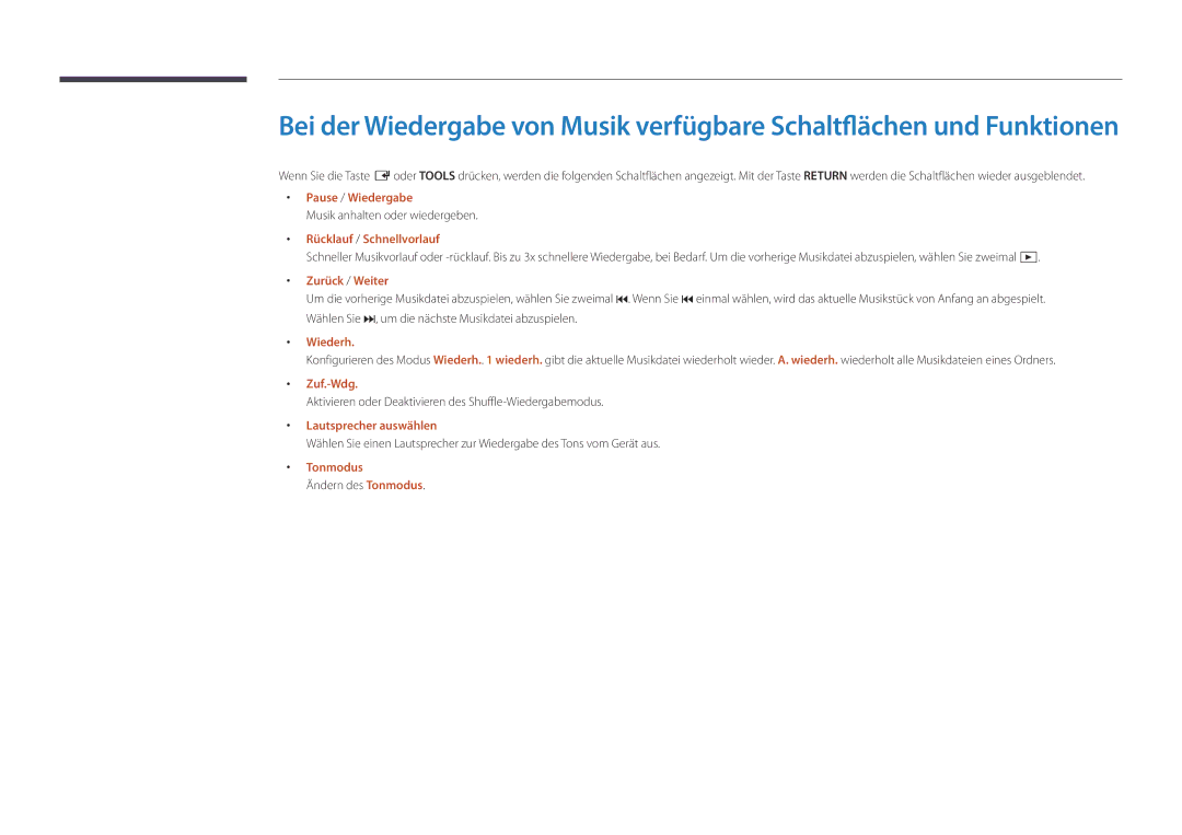 Samsung LH55OMDPWBC/EN Musik anhalten oder wiedergeben, Zuf.-Wdg, Aktivieren oder Deaktivieren des Shuffle-Wiedergabemodus 