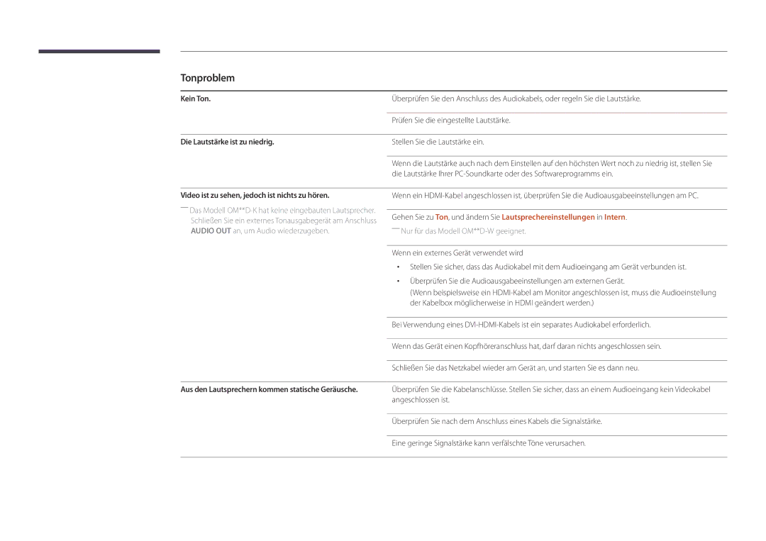 Samsung LH55OMDPKBC/EN manual Tonproblem, Kein Ton, Prüfen Sie die eingestellte Lautstärke, Die Lautstärke ist zu niedrig 