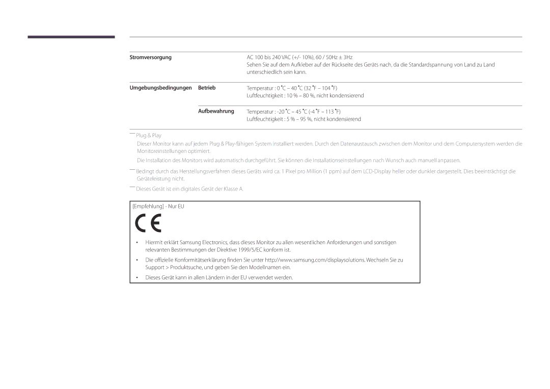 Samsung LH46OMDPWBC/EN, LH75OMDPWBC/EN, LH75OMDPKBC/EN, LH55OMDPWBC/EN manual Stromversorgung, Umgebungsbedingungen Betrieb 