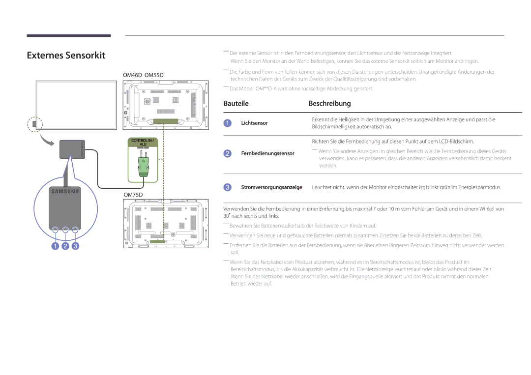 Samsung LH46OMDPKBC/EN manual Externes Sensorkit, Bauteile Beschreibung, Lichtsensor, Bildschirmhelligkeit automatisch an 