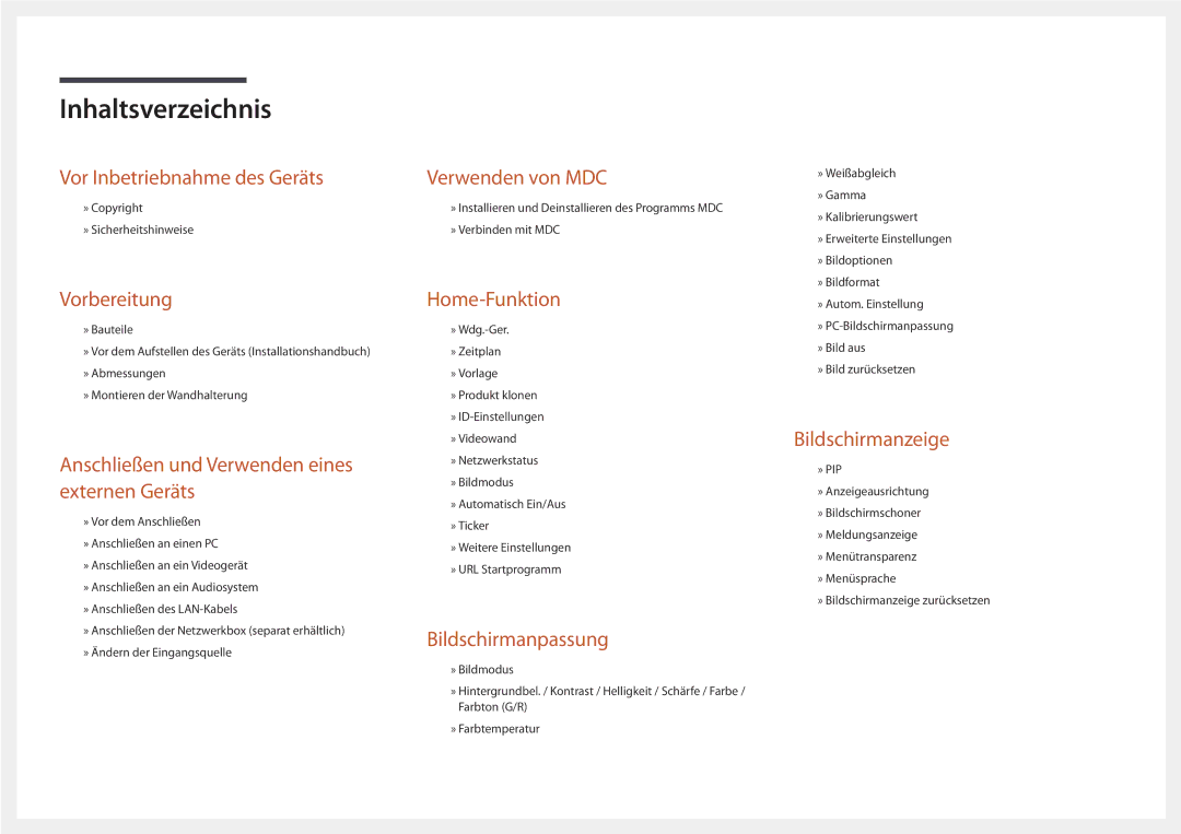 Samsung LH75OMDPKBC/EN, LH46OMDPWBC/EN, LH75OMDPWBC/EN, LH55OMDPWBC/EN, LH46OMDPKBC/EN, LH55OMDPKBC/EN manual Inhaltsverzeichnis 