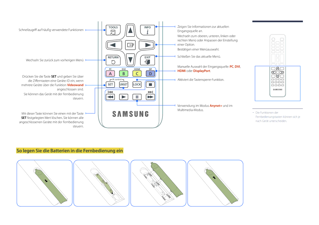 Samsung LH75OMDPKBC/EN, LH46OMDPWBC/EN manual So legen Sie die Batterien in die Fernbedienung ein, Hdmi oder DisplayPort 