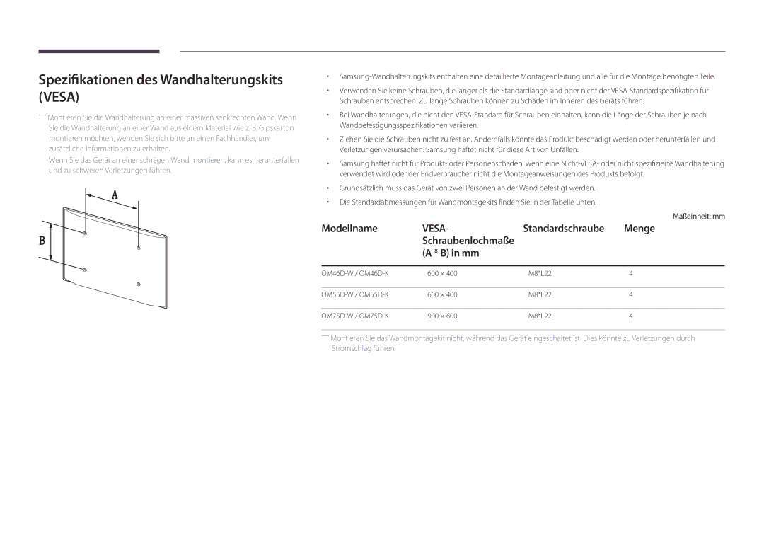 Samsung LH75OMDPWBC/EN manual Spezifikationen des Wandhalterungskits Vesa, Menge, Standardschraube, Schraubenlochmaße 