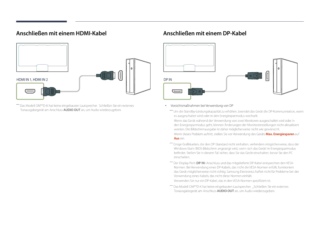 Samsung LH46OMDPKBC/EN, LH46OMDPWBC/EN manual Anschließen mit einem HDMI-Kabel, Vorsichtsmaßnahmen bei Verwendung von DP 