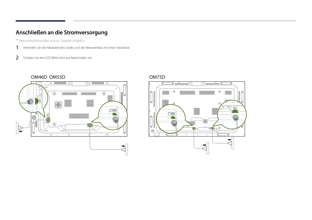 Samsung LH46OMDPKBC/EN manual Anschließen an die Stromversorgung, Schalten Sie den LCD-Bildschirm am Netzschalter ein 