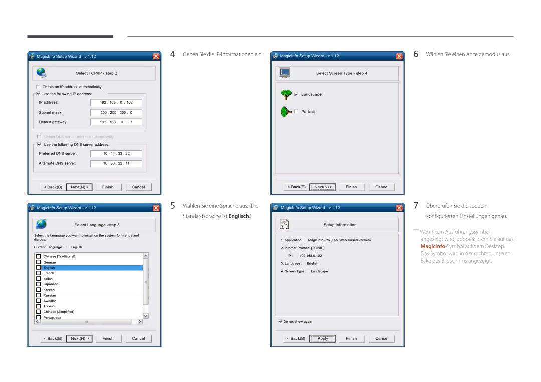 Samsung LH46OMDPWBC/EN, LH75OMDPWBC/EN manual Geben Sie die IP-Informationen ein, Wählen Sie einen Anzeigemodus aus 