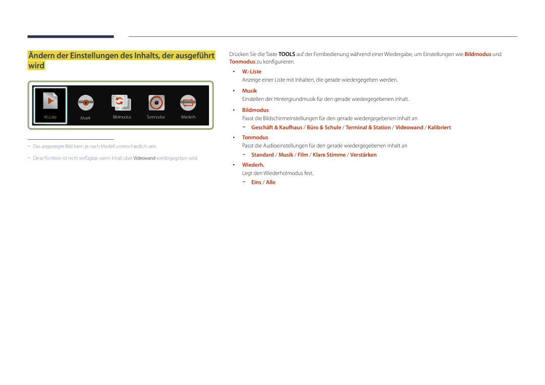 Samsung LH75OMDPWBC/EN manual Ändern der Einstellungen des Inhalts, der ausgeführt wird, Liste, Musik, Bildmodus, Wiederh 