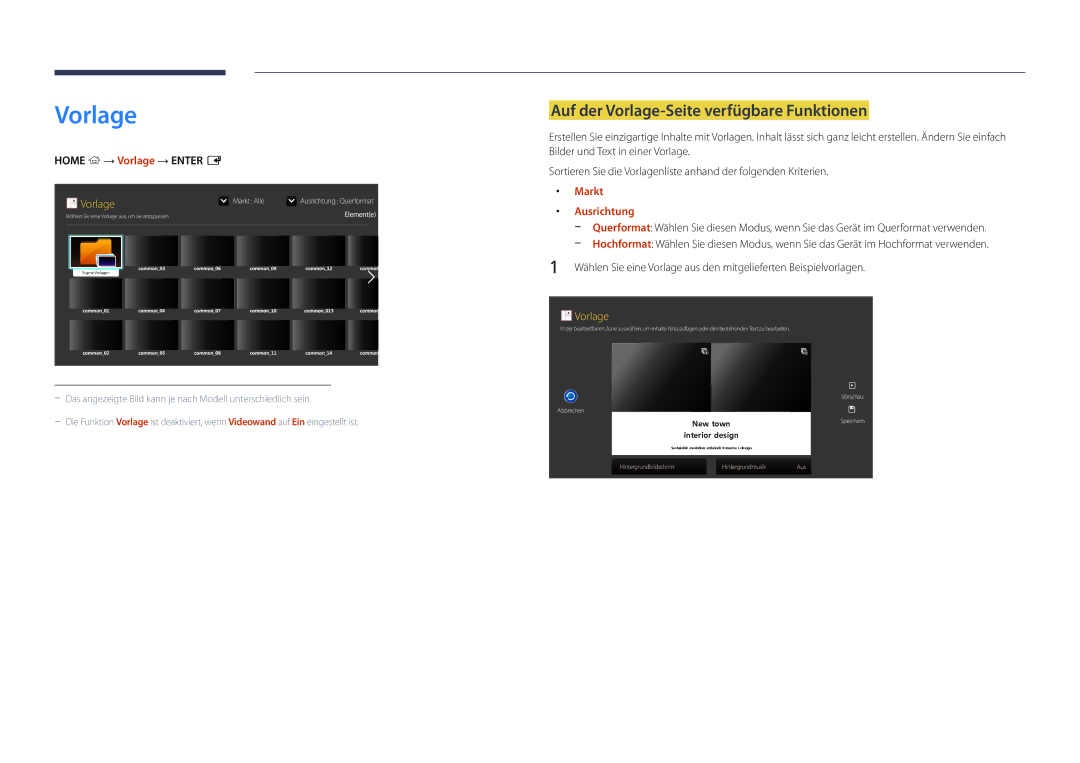 Samsung LH55OMDPKBC/EN manual Auf der Vorlage-Seite verfügbare Funktionen, Home → Vorlage → Enter E, Markt, Ausrichtung 