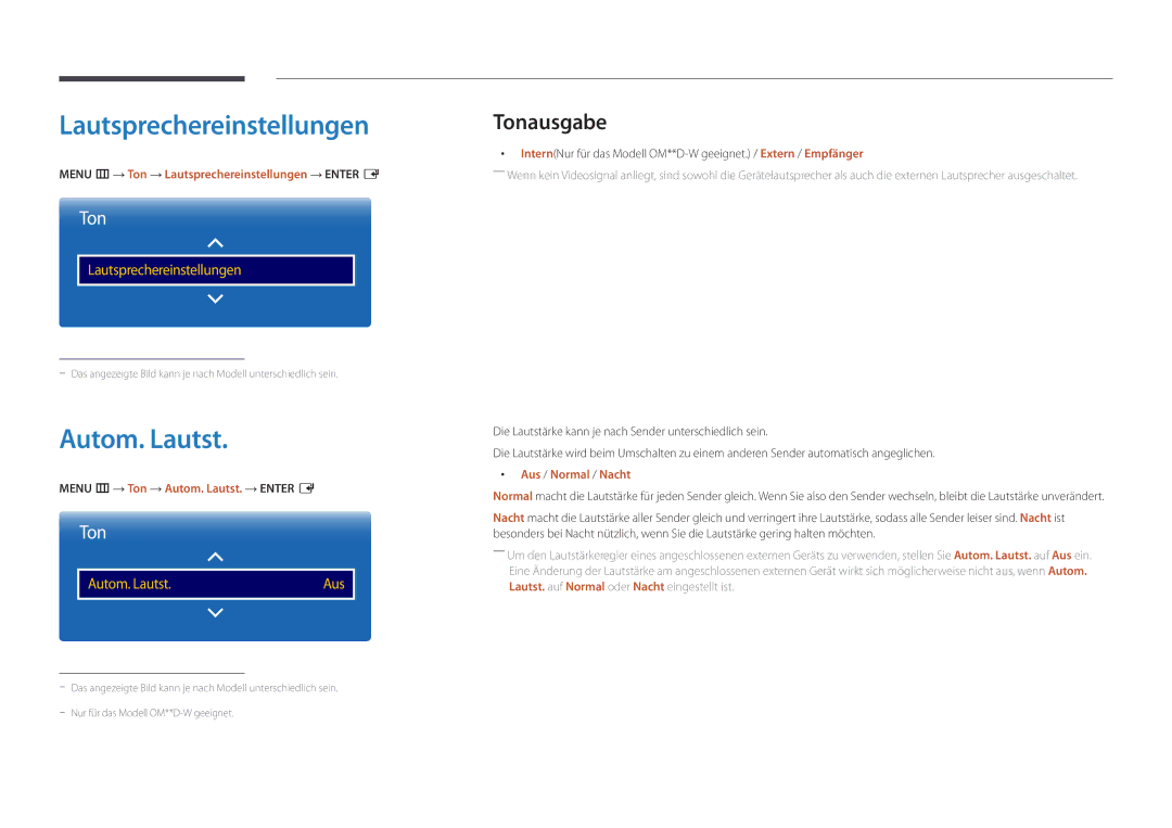 Samsung LH75OMDPKBC/EN, LH46OMDPWBC/EN, LH75OMDPWBC/EN, LH55OMDPWBC/EN Lautsprechereinstellungen, Autom. Lautst, Tonausgabe 