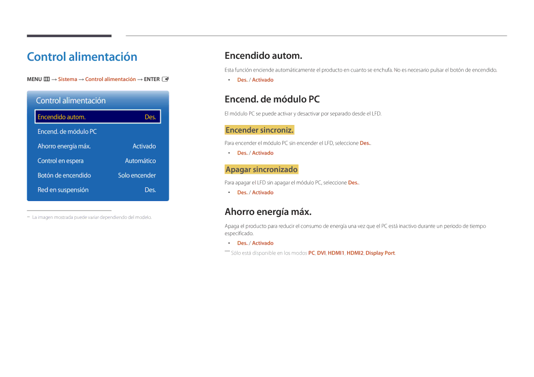 Samsung LH55OMDPKBC/EN, LH46OMDPWBC/EN Control alimentación, Encendido autom, Encend. de módulo PC, Ahorro energía máx 