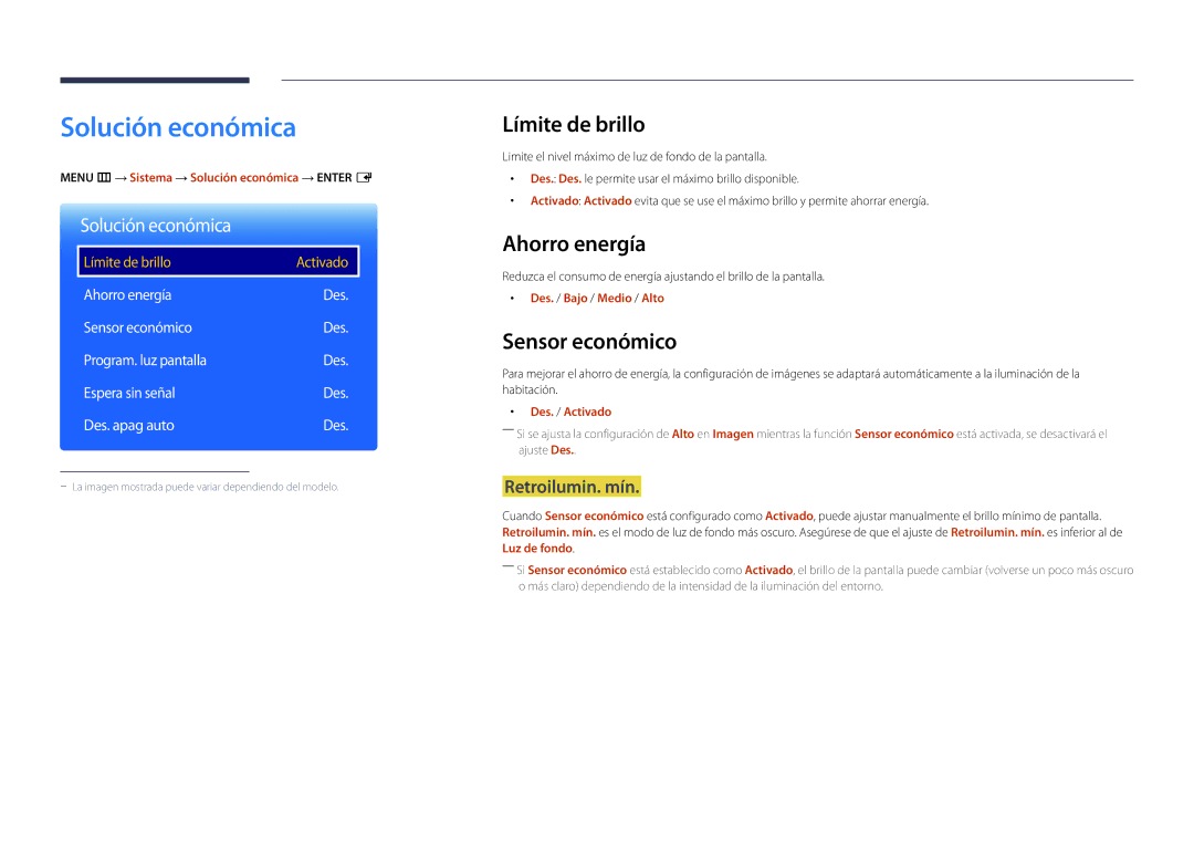 Samsung LH75OMDPWBC/EN, LH46OMDPWBC/EN manual Solución económica, Límite de brillo, Ahorro energía, Sensor económico 