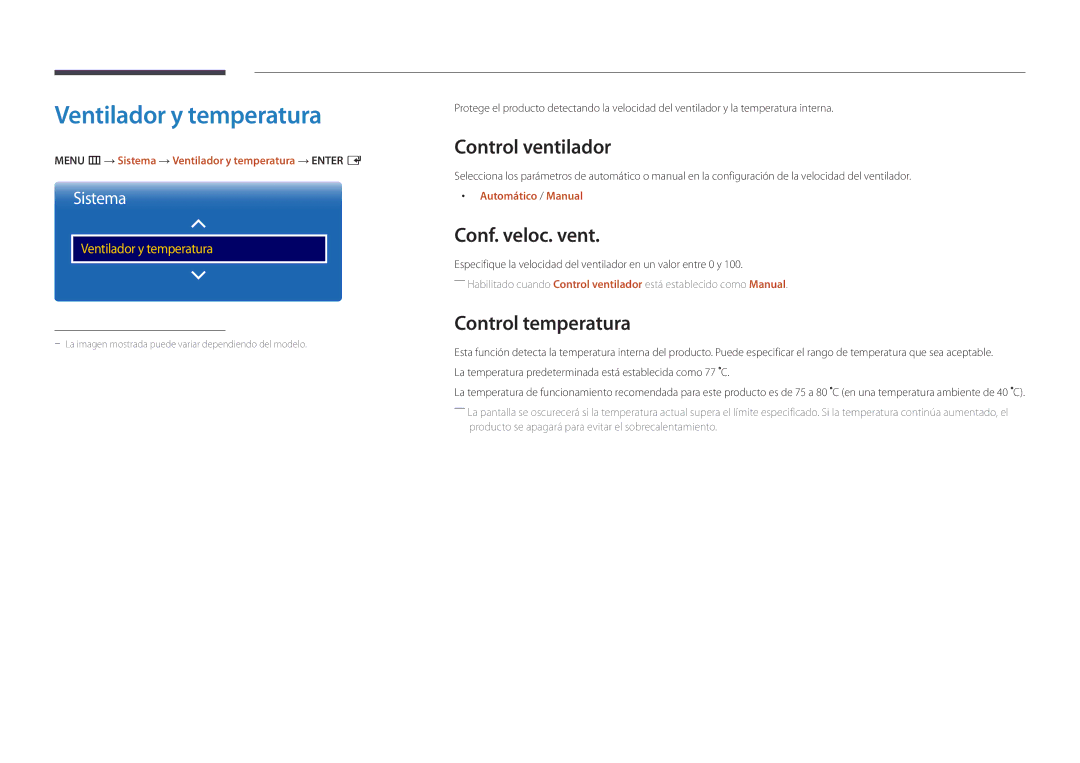 Samsung LH55OMDPWBC/EN manual Ventilador y temperatura, Control ventilador, Conf. veloc. vent, Control temperatura 