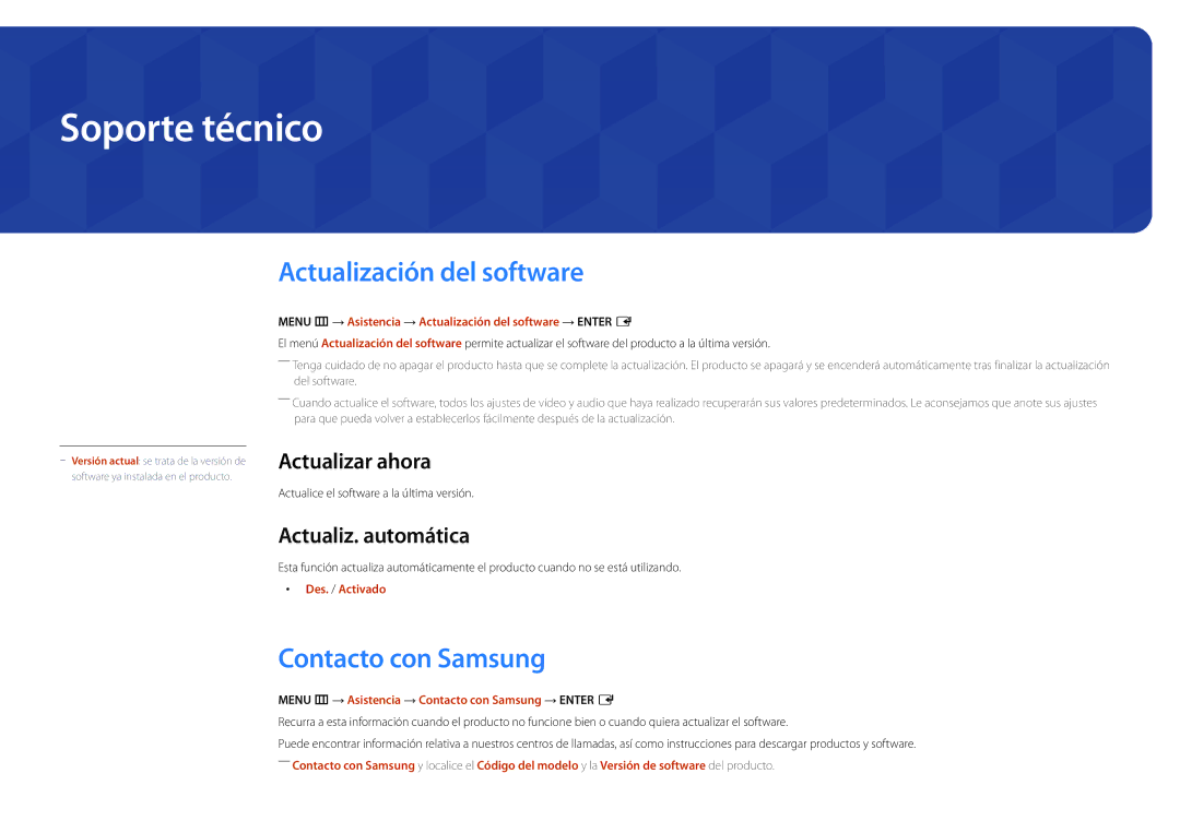 Samsung LH55OMDPWBC/EN, LH46OMDPWBC/EN Soporte técnico, Actualización del software, Contacto con Samsung, Actualizar ahora 