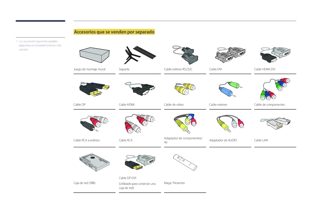 Samsung LH75OMDPWBC/EN Accesorios que se venden por separado, Caja de red, Adaptador de Audio Cable LAN Magic Presenter 